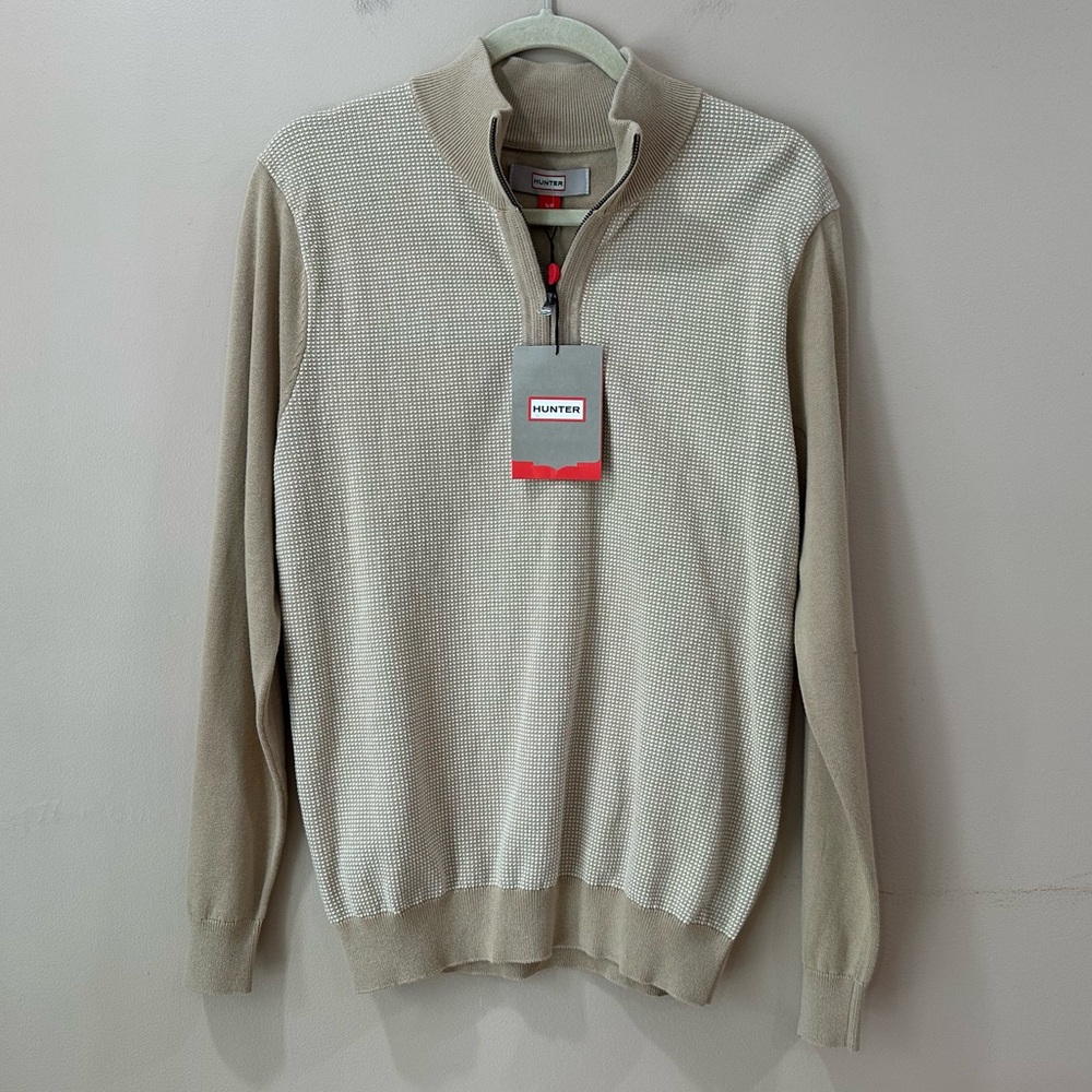 NWT Hunter Men's Small Quarter Zip Sweater Beige Waffle Knit Pullover Mock Neck